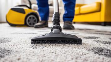 Person Cleaning Carpet With Vacuum Cleaner photo