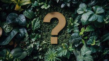 Question sign covered with green plants photo
