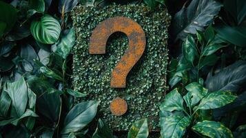 Question sign covered with green plants photo