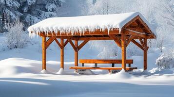 wooden structure covered with deep snow photo