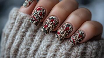Autumn Sweater Pattern Nails on Soft Greige Background photo