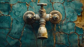 Water scarcity concept with dry tap and cracked earth photo