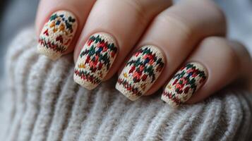 Autumn Sweater Pattern Nails on Soft Greige Background photo