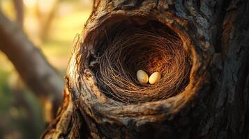 A bird's nest inside a hollow tree trunk, hidden among the shadows photo