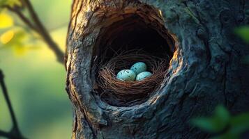 A bird's nest inside a hollow tree trunk, hidden among the shadows photo