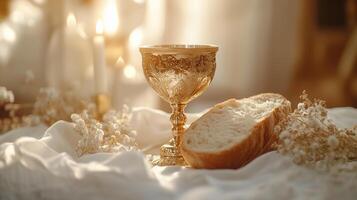 A communion chalice and bread placed on a white cloth photo