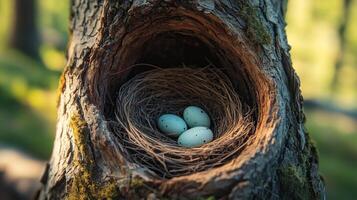 A bird's nest inside a hollow tree trunk, hidden among the shadows photo