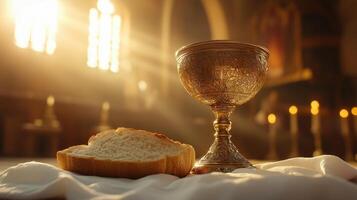 A communion chalice and bread placed on a white cloth photo
