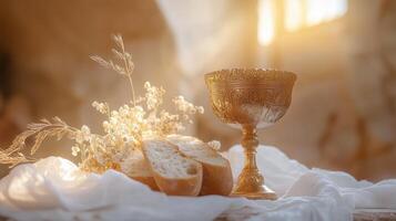 A communion chalice and bread placed on a white cloth photo
