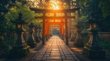 A deserted Shinto shrine with vibrant red torii gates and stone lanterns photo