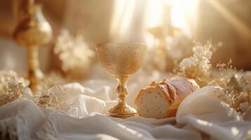 A communion chalice and bread placed on a white cloth photo