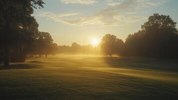 A serene golf course at sunrise, with mist rising from the grass photo