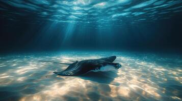 A lone manta ray swimming near the ocean floor photo