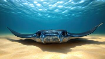 A lone manta ray swimming near the ocean floor photo