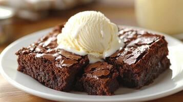 Brownies served with vanilla ice cream melting on top, on a white plate photo