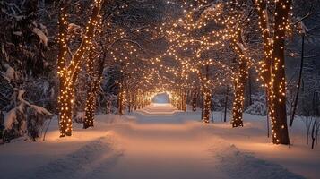 Enchanting Snowy Forest with Christmas Lights photo