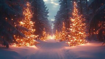 Enchanting Snowy Forest with Christmas Lights photo