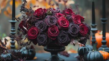 Halloween themed floral arrangement with dark roses photo