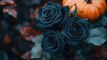 Halloween themed floral arrangement with dark roses photo