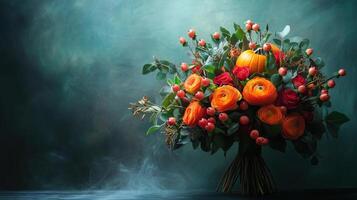 Halloween flowers bouquet with pumpkins on dark background photo