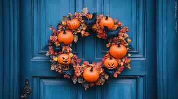 Halloween wreath with bats and pumpkins on a door photo