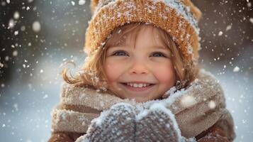 Happy child plays in the snow on a winter day photo
