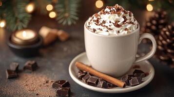 Hot chocolate with whipped cream in a cozy caf setting photo
