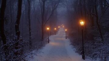Snowy Path Through a Forest with Streetlights at Dusk photo