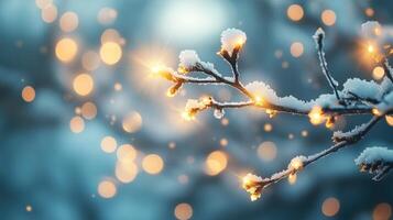 Twinkling Lights on Snowy Branches A Winter Wonderland Scene photo