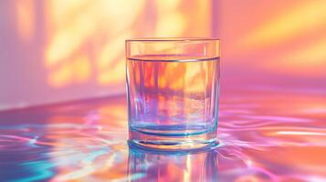 Art glitch effect, glass glass with water on a bright multi-colored background photo
