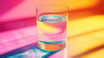Art glitch effect, glass glass with water on a bright multi-colored background photo