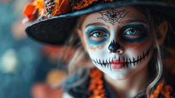 A child with Halloween make-up on a dark background photo