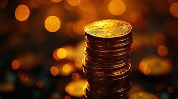 A close-up view of a stack of shiny gold coins against a dark background. photo