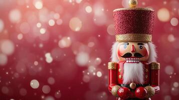 A red and gold nutcracker soldier with a festive red bokeh background photo