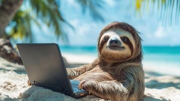 A sloth is working as a freelancer on a tropical beach photo