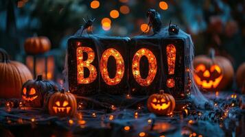 Black blocks spelling BOO with pumpkins, cobwebs photo