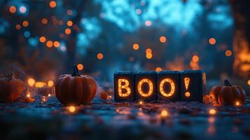 Black blocks spelling BOO with pumpkins, cobwebs photo
