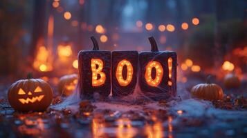 Black blocks spelling BOO with pumpkins, cobwebs photo