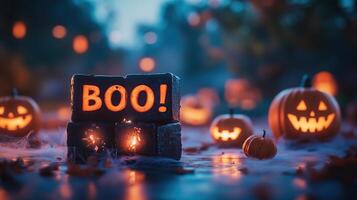 Black blocks spelling BOO with pumpkins, cobwebs photo