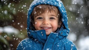 Boy toddler enjoying the first snow in winter coat, happy and smiling photo