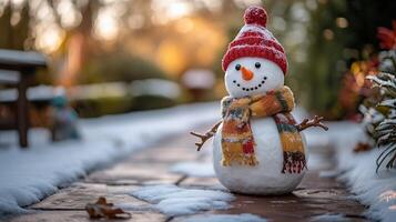 Cheerful snowman in winter garden photo background