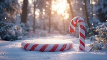 Christmas candy cane product display podium in the snow photo