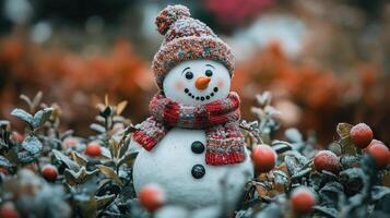 Cheerful snowman in winter garden photo background