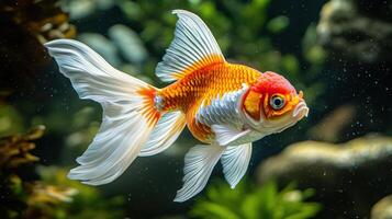 Close-up of Elegant White and Orange Goldfish with Flowing Fins photo