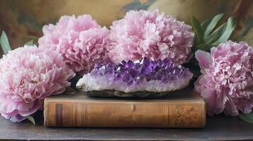 Elegant Amethyst Crystal on Antique Book with Pink Peonies photo
