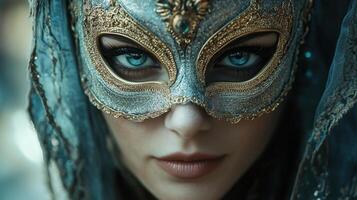 Elegant beauty, disguised in a carnival mask, travels through cultures photo
