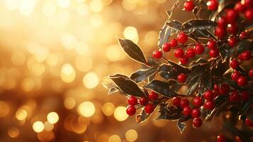 Holly leaves and red berries with golden bokeh background photo