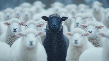 Image of a black sheep standing out among a group of white sheep photo