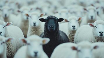 Image of a black sheep standing out among a group of white sheep photo