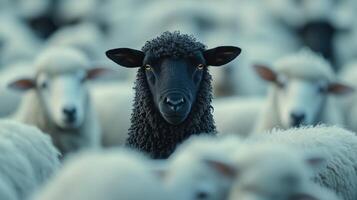 Image of a black sheep standing out among a group of white sheep photo
